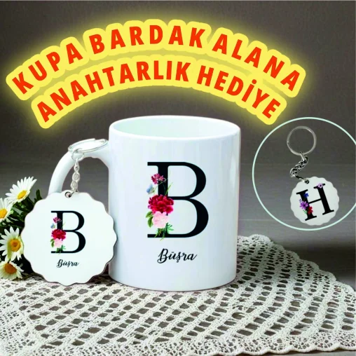 Kişiye Özel İsimli Fotoğraflı Beyaz Kupa Bardak anahtarlık hediye